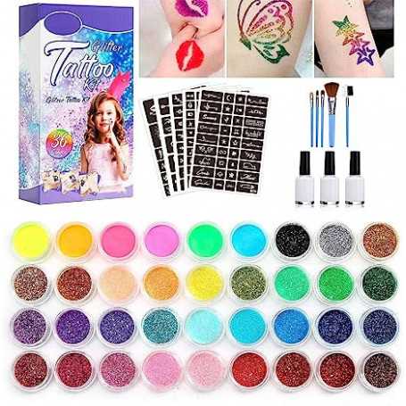 Kit de tatouage pailleté avec 36 couleurs et 160 pochoirs pour maquillage temporaire brillant(Reconditionné)